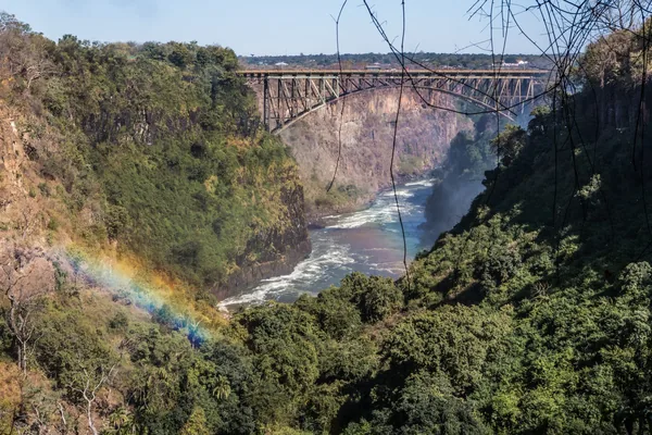 The Victoria Falls Bridge above the Batoka Gorge, with a rainbow in the spray