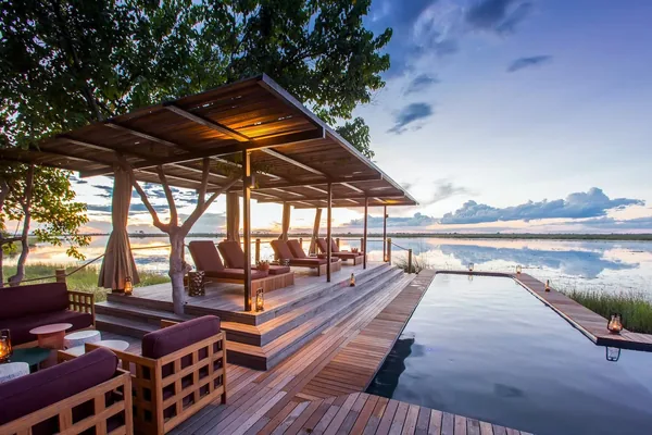 The deck and plunge pool at DumaTau, looking over the Linyanti lagoon