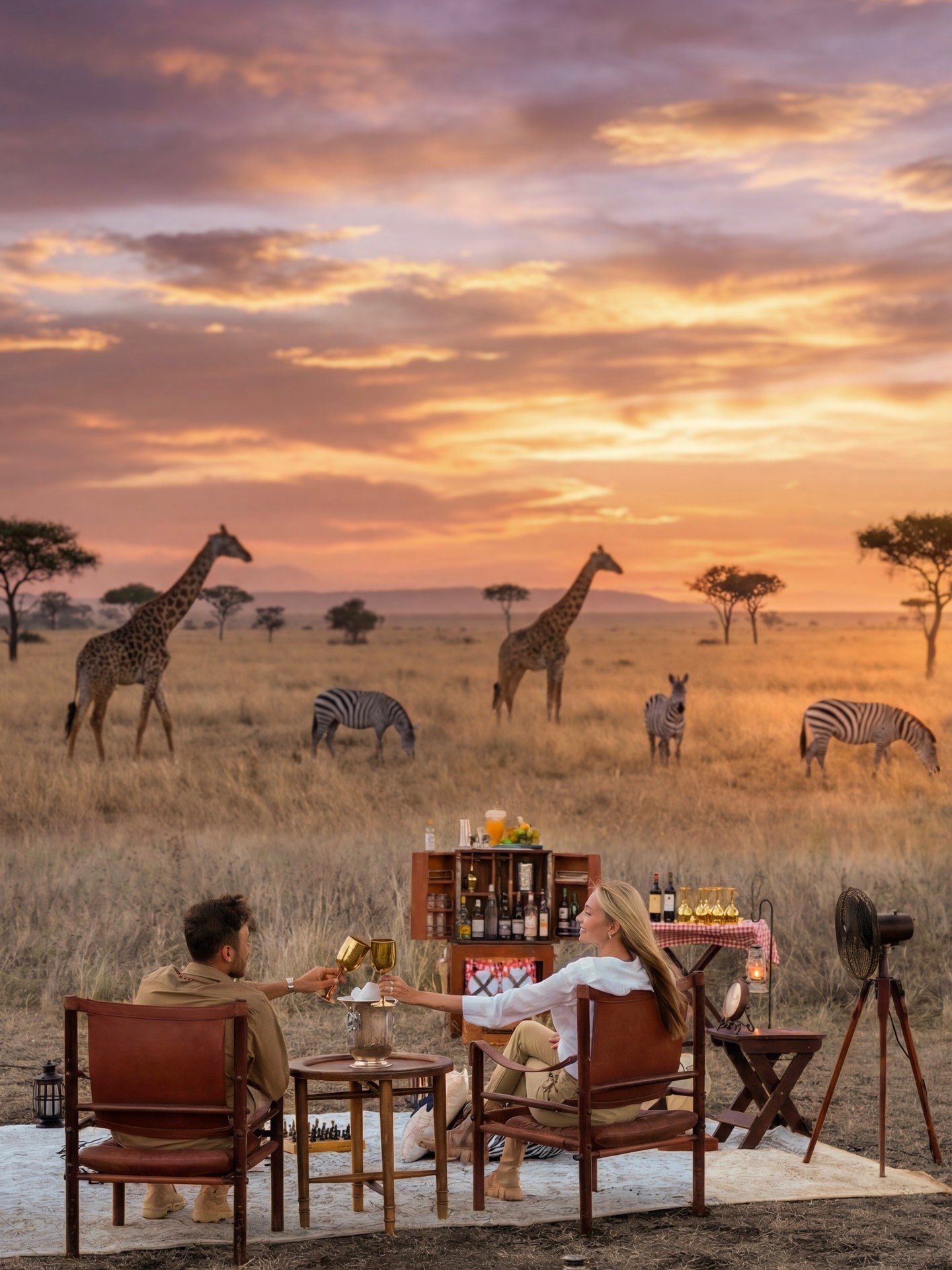 A couple with sundowner drinks watching giraffes and zebras on the plains at sunset