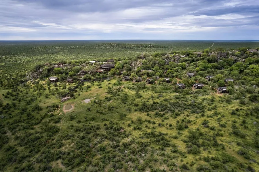 Green bush around Ongava Lodge after the rains, seen from the air