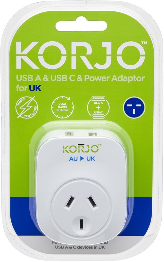 Australian to UK travel power adaptor with USB A and USB C ports