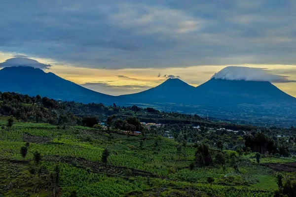 The Virunga volcanoes at dusk