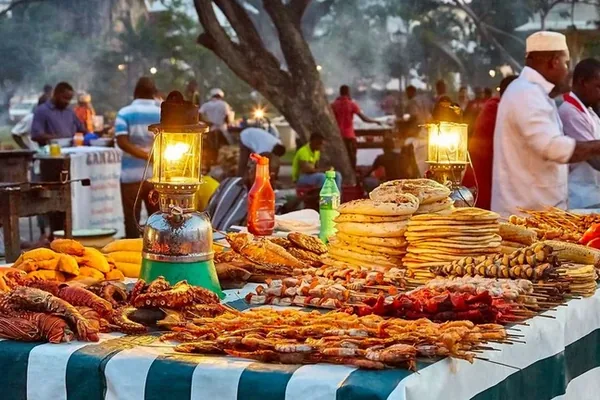 Seafood stalls and lanterns at the Forodhani Gardens night market in Stone Town