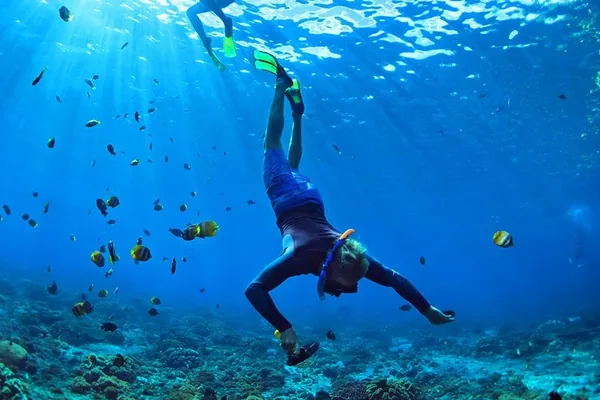 A snorkeler swimming over a coral reef among tropical fish